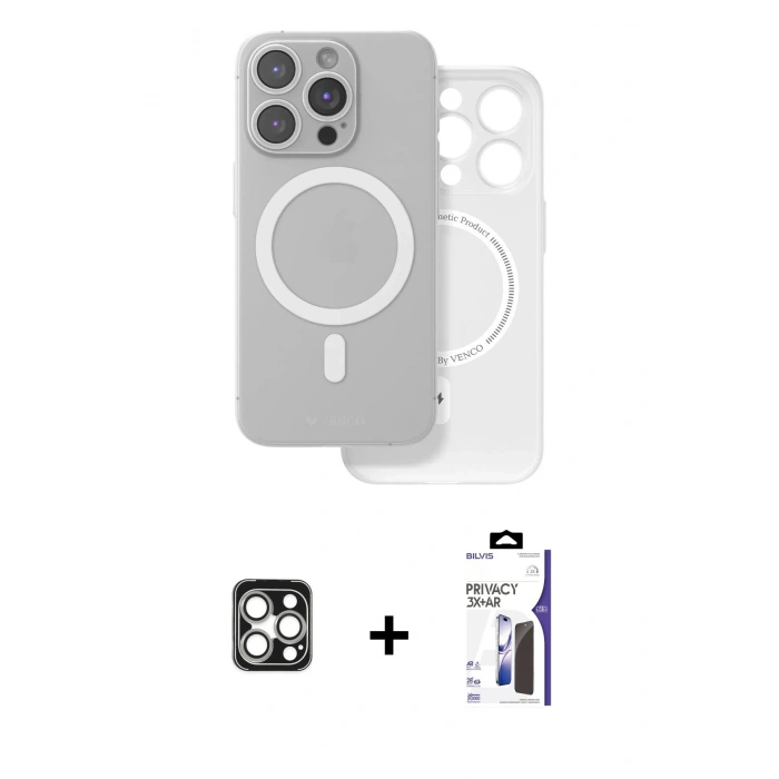 MARSİLYAN™- iPhone 16 Pro Max Kılıf Çekirdek Klasik - Siyah Bilvis 3X AR Hayalet Cam Ekran Koruyucu + PVD Metal Kamera Lens - GS