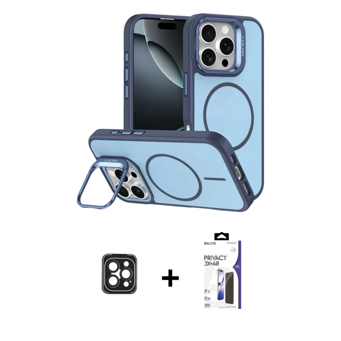 MARSİLYAN™- iPhone 16 Pro Max Kılıf Çekirdek Klasik - Siyah Bilvis 3X AR Hayalet Cam Ekran Koruyucu + PVD Metal Kamera Lens - SH