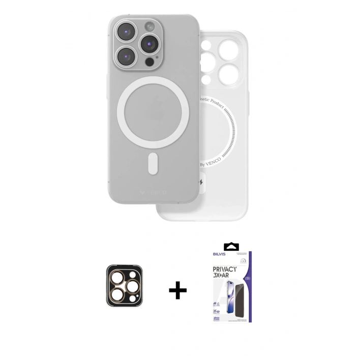 MARSİLYAN™- iPhone 16 Pro Max Kılıf Çekirdek Klasik - Siyah Bilvis 3X AR Hayalet Cam Ekran Koruyucu + PVD Metal Kamera Lens - GD