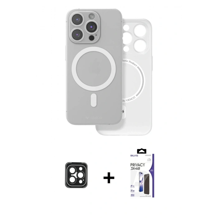 MARSİLYAN™- iPhone 16 Pro Max Kılıf Çekirdek Klasik - Siyah Bilvis 3X AR Hayalet Cam Ekran Koruyucu + PVD Metal Kamera Lens - SH