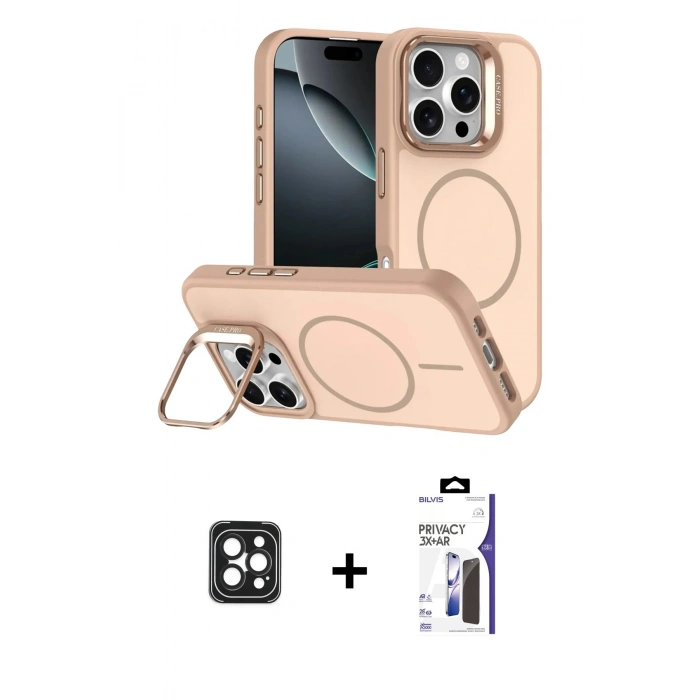 MARSİLYAN™- iPhone 16 Pro Max Kılıf Çekirdek Klasik - Siyah Bilvis 3X AR Hayalet Cam Ekran Koruyucu + PVD Metal Kamera Lens - SH