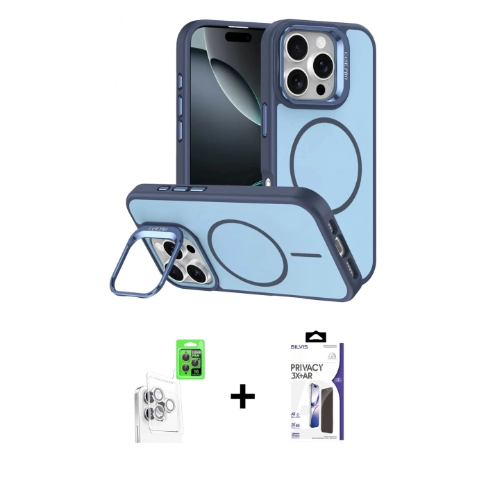 MARSİLYAN™- iPhone 16 Pro Max Kılıf Çekirdek Klasik - Siyah Bilvis 3X AR Hayalet Cam Ekran Koruyucu + Raze Metal Kamera Lens - BZ