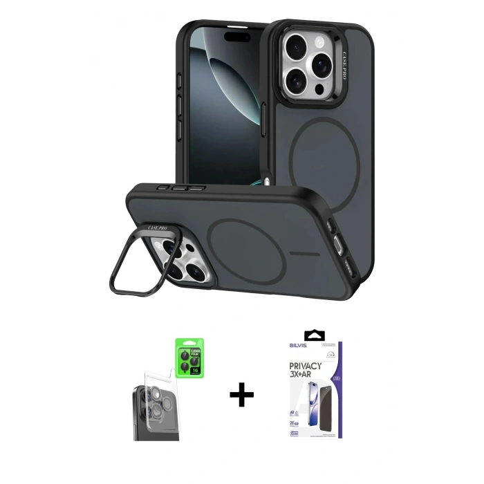 MARSİLYAN™- iPhone 16 Pro Max Kılıf Çekirdek Klasik - Siyah Bilvis 3X AR Hayalet Cam Ekran Koruyucu + Raze Metal Kamera Lens - SH