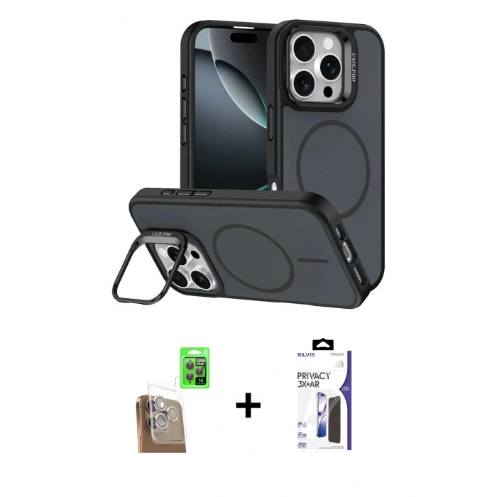 MARSİLYAN™- iPhone 16 Pro Max Kılıf Çekirdek Klasik - Siyah Bilvis 3X AR Hayalet Cam Ekran Koruyucu + Raze Metal Kamera Lens - CLTM