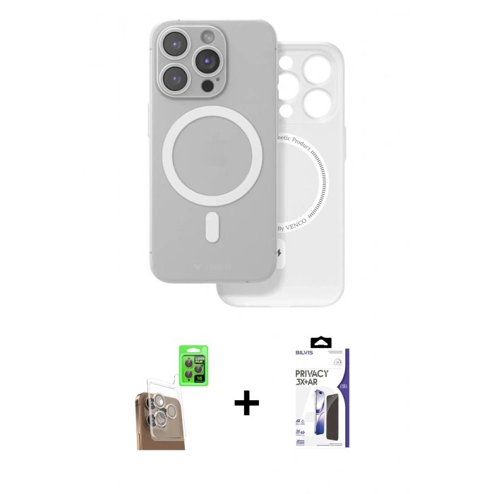 MARSİLYAN™- iPhone 16 Pro Max Kılıf Çekirdek Klasik - Siyah Bilvis 3X AR Hayalet Cam Ekran Koruyucu + Raze Metal Kamera Lens - CLTM