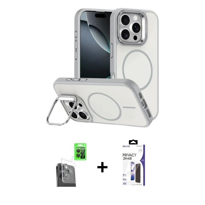 MARSİLYAN™- iPhone 16 Pro Max Kılıf Çekirdek Klasik - Siyah Bilvis 3X AR Hayalet Cam Ekran Koruyucu + Raze Metal Kamera Lens - SH