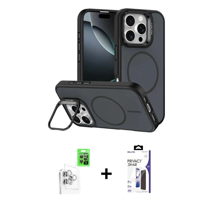 MARSİLYAN™- iPhone 16 Pro Max Kılıf Çekirdek Klasik - Siyah Bilvis 3X AR Hayalet Cam Ekran Koruyucu + Raze Metal Kamera Lens - BZ