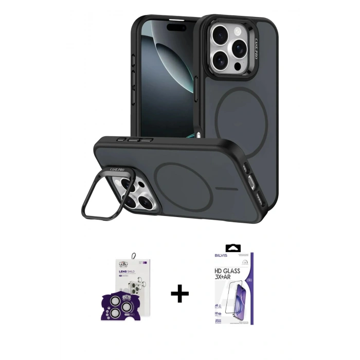 MARSİLYAN™- iPhone 16 Pro Max Kılıf Çekirdek Klasik - Siyah Bilvis 3X AR HD Cam Ekran Koruyucu + Bilvis Titan Kamera Lens - GS