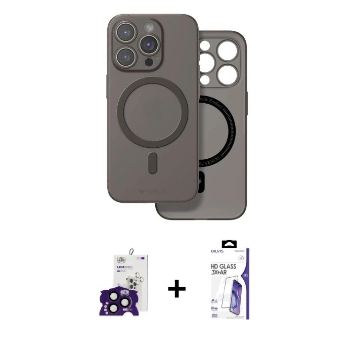 MARSİLYAN™- iPhone 16 Pro Max Kılıf Çekirdek Klasik - Siyah Bilvis 3X AR HD Cam Ekran Koruyucu + Bilvis Titan Kamera Lens - SH
