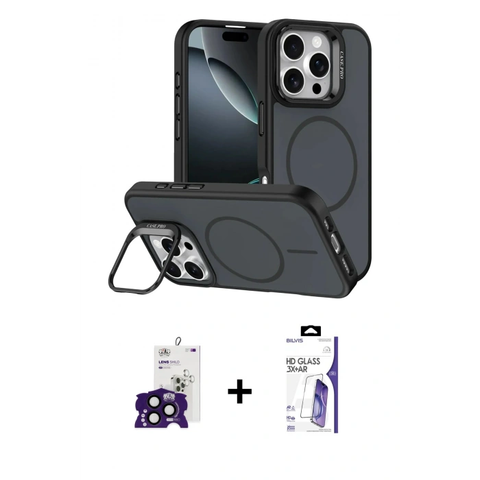 MARSİLYAN™- iPhone 16 Pro Max Kılıf Çekirdek Klasik - Siyah Bilvis 3X AR HD Cam Ekran Koruyucu + Bilvis Titan Kamera Lens - SH