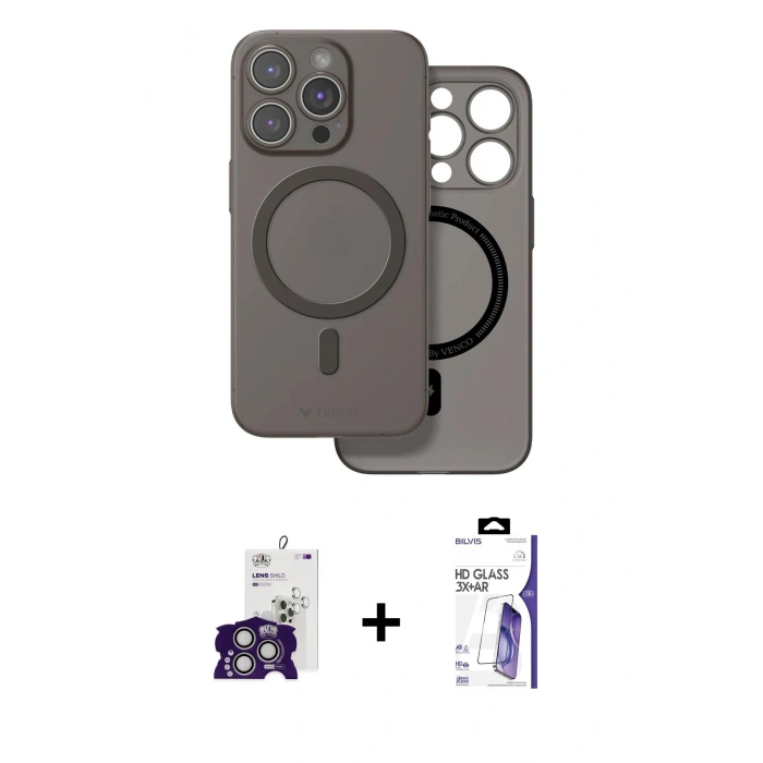 MARSİLYAN™- iPhone 16 Pro Max Kılıf Çekirdek Klasik - Siyah Bilvis 3X AR HD Cam Ekran Koruyucu + Bilvis Titan Kamera Lens - GS