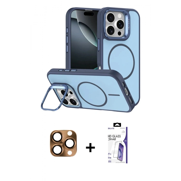 MARSİLYAN™- iPhone 16 Pro Max Kılıf Çekirdek Klasik - Siyah Bilvis 3X AR HD Cam Ekran Koruyucu + Pers Alüminyum Kamera Lens - CLTM