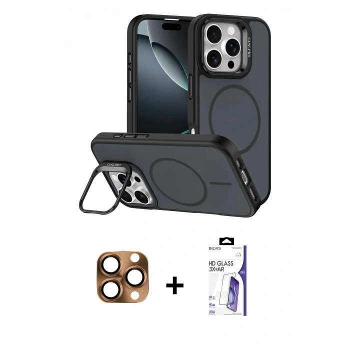 MARSİLYAN™- iPhone 16 Pro Max Kılıf Çekirdek Klasik - Siyah Bilvis 3X AR HD Cam Ekran Koruyucu + Pers Alüminyum Kamera Lens - CLTM