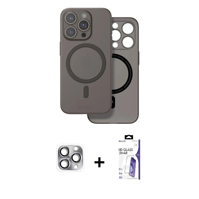 MARSİLYAN™- iPhone 16 Pro Max Kılıf Çekirdek Klasik - Siyah Bilvis 3X AR HD Cam Ekran Koruyucu + Pers Alüminyum Kamera Lens - GI