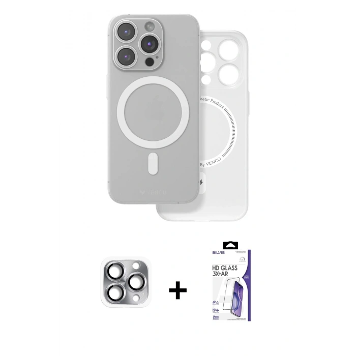 MARSİLYAN™- iPhone 16 Pro Max Kılıf Çekirdek Klasik - Siyah Bilvis 3X AR HD Cam Ekran Koruyucu + Pers Alüminyum Kamera Lens - GI