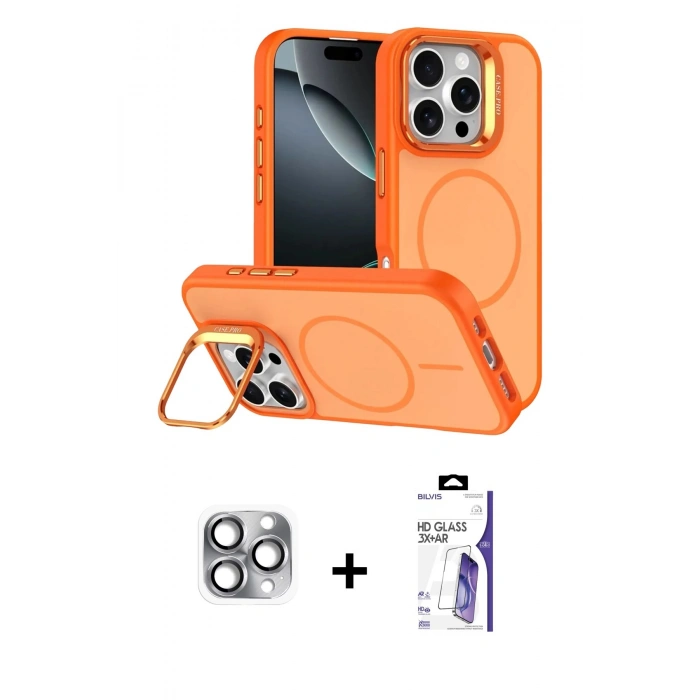 MARSİLYAN™- iPhone 16 Pro Max Kılıf Çekirdek Klasik - Siyah Bilvis 3X AR HD Cam Ekran Koruyucu + Pers Alüminyum Kamera Lens - GI