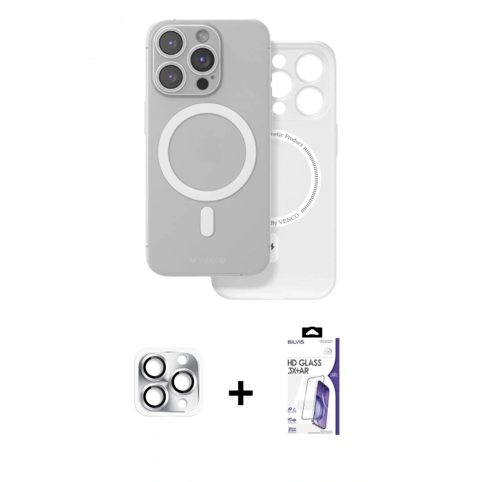 MARSİLYAN™- iPhone 16 Pro Max Kılıf Çekirdek Klasik - Siyah Bilvis 3X AR HD Cam Ekran Koruyucu + Pers Alüminyum Kamera Lens - GS
