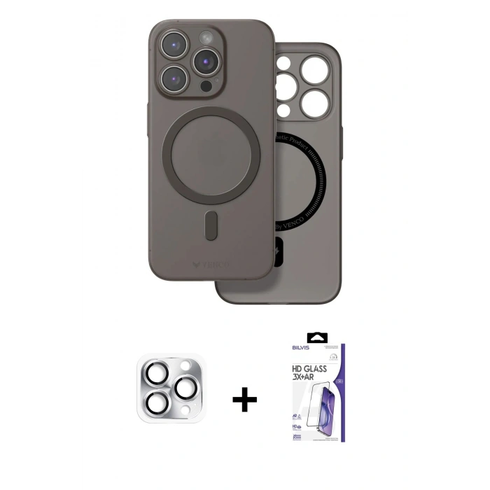 MARSİLYAN™- iPhone 16 Pro Max Kılıf Çekirdek Klasik - Siyah Bilvis 3X AR HD Cam Ekran Koruyucu + Pers Alüminyum Kamera Lens - GS