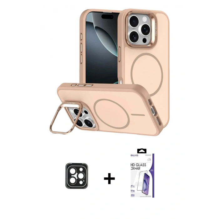 MARSİLYAN™- iPhone 16 Pro Max Kılıf Çekirdek Klasik - Siyah Bilvis 3X AR HD Cam Ekran Koruyucu + PVD Metal Kamera Lens - SH