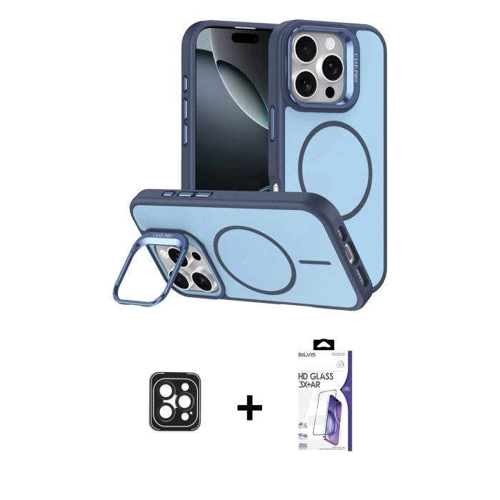MARSİLYAN™- iPhone 16 Pro Max Kılıf Çekirdek Klasik - Siyah Bilvis 3X AR HD Cam Ekran Koruyucu + PVD Metal Kamera Lens - SH