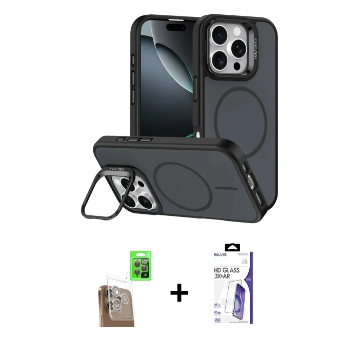 MARSİLYAN™- iPhone 16 Pro Max Kılıf Çekirdek Klasik - Siyah Bilvis 3X AR HD Cam Ekran Koruyucu + Raze Metal Kamera Lens - CLTM