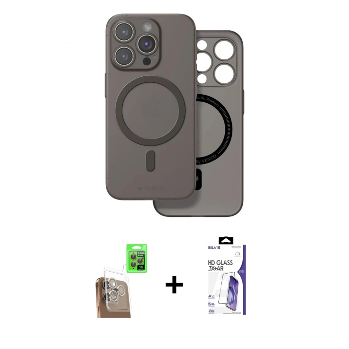 MARSİLYAN™- iPhone 16 Pro Max Kılıf Çekirdek Klasik - Siyah Bilvis 3X AR HD Cam Ekran Koruyucu + Raze Metal Kamera Lens - CLTM