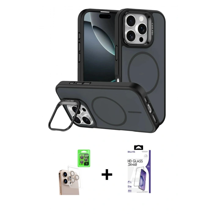 MARSİLYAN™- iPhone 16 Pro Max Kılıf Çekirdek Klasik - Siyah Bilvis 3X AR HD Cam Ekran Koruyucu + Raze Metal Kamera Lens - NLGY