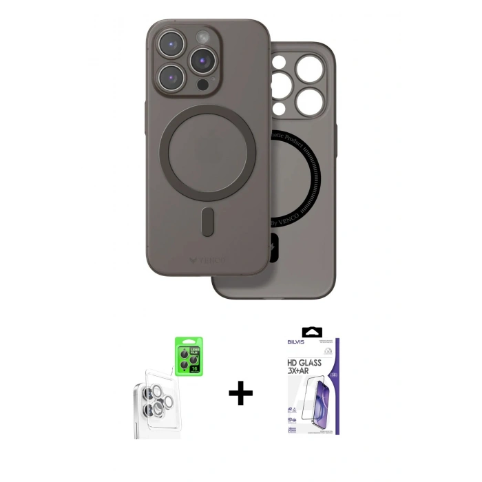 MARSİLYAN™- iPhone 16 Pro Max Kılıf Çekirdek Klasik - Siyah Bilvis 3X AR HD Cam Ekran Koruyucu + Raze Metal Kamera Lens - BZ