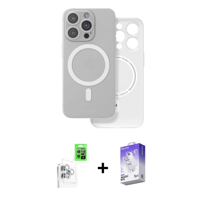 MARSİLYAN™- iPhone 16 Pro Max Kılıf Çekirdek Klasik - Siyah Bilvis 5in1 3D Magic Cam Ekran Koruyucu + Beyaz Raze Metal Kamera Lens