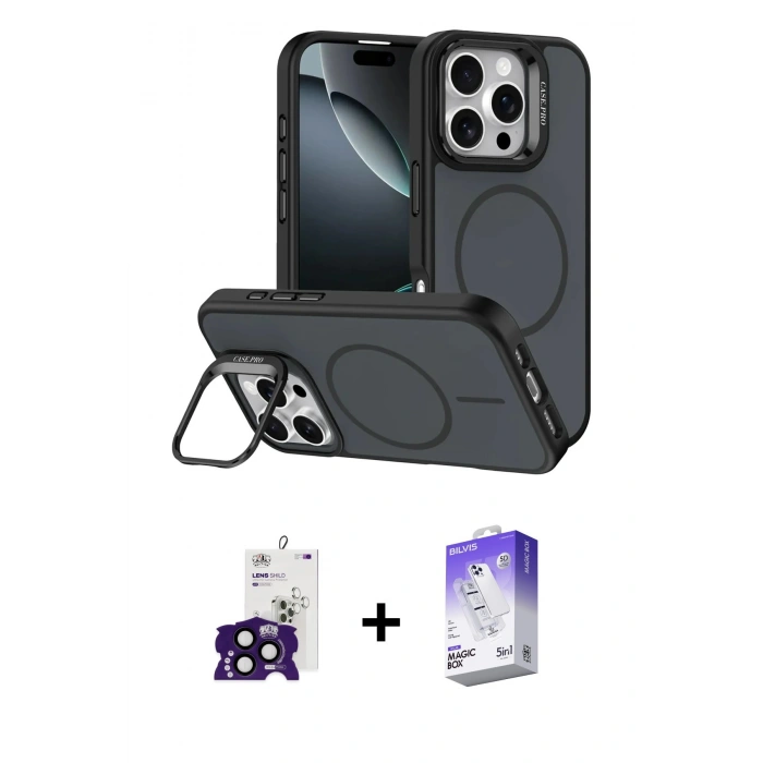 MARSİLYAN™- iPhone 16 Pro Max Kılıf Çekirdek Klasik - Siyah Bilvis 5in1 3D Magic Cam Ekran Koruyucu + Bilvis Titan Kamera Lens - SH