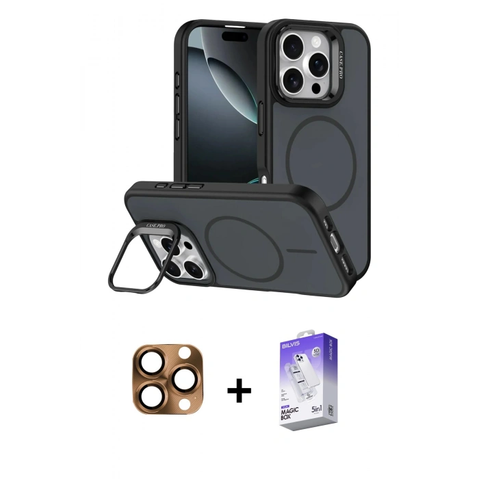 MARSİLYAN™- iPhone 16 Pro Max Kılıf Çekirdek Klasik - Siyah Bilvis 5in1 3D Magic Cam Ekran Koruyucu + Pers Alüminyum Kamera Lens - CLTM