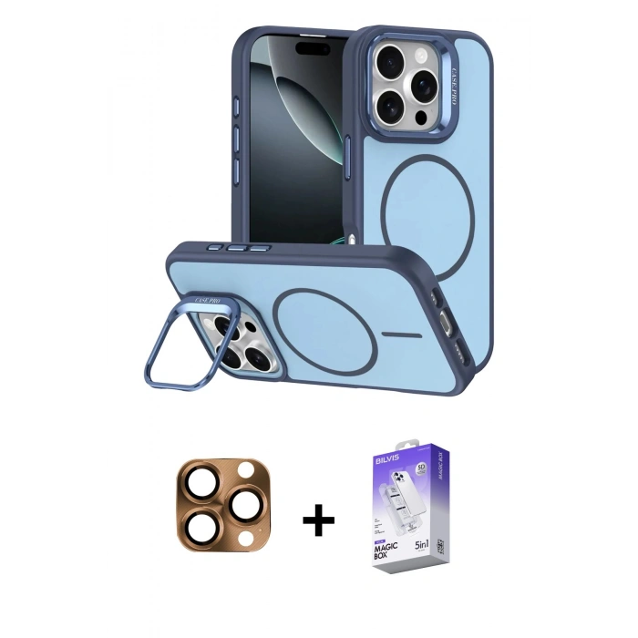 MARSİLYAN™- iPhone 16 Pro Max Kılıf Çekirdek Klasik - Siyah Bilvis 5in1 3D Magic Cam Ekran Koruyucu + Pers Alüminyum Kamera Lens - CLTM