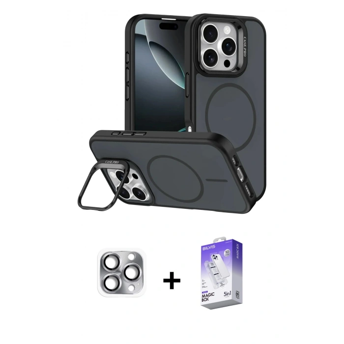 MARSİLYAN™- iPhone 16 Pro Max Kılıf Çekirdek Klasik - Siyah Bilvis 5in1 3D Magic Cam Ekran Koruyucu + Pers Alüminyum Kamera Lens - GI