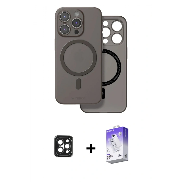 MARSİLYAN™- iPhone 16 Pro Max Kılıf Çekirdek Klasik - Siyah Bilvis 5in1 3D Magic Cam Ekran Koruyucu + PVD Metal Kamera Lens - SH