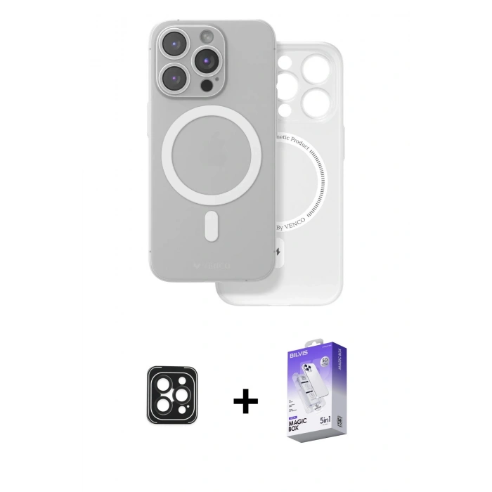 MARSİLYAN™- iPhone 16 Pro Max Kılıf Çekirdek Klasik - Siyah Bilvis 5in1 3D Magic Cam Ekran Koruyucu + PVD Metal Kamera Lens - SH