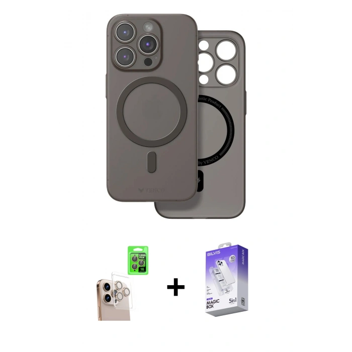 MARSİLYAN™- iPhone 16 Pro Max Kılıf Çekirdek Klasik - Siyah Bilvis 5in1 3D Magic Cam Ekran Koruyucu + Raze Metal Kamera Lens - NLGY