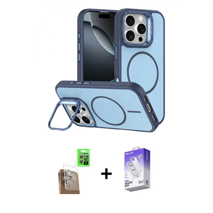 MARSİLYAN™- iPhone 16 Pro Max Kılıf Çekirdek Klasik - Siyah Bilvis 5in1 3D Magic Cam Ekran Koruyucu + Raze Metal Kamera Lens - CLTM