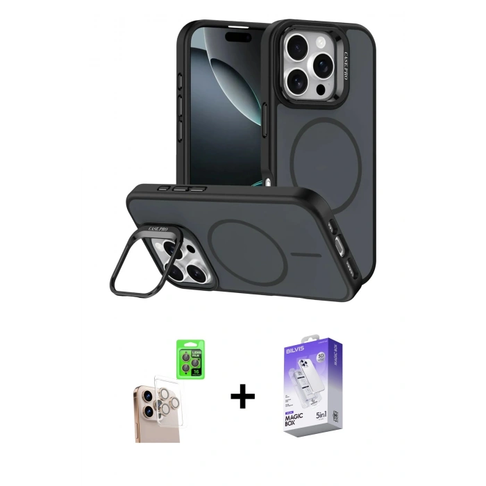 MARSİLYAN™- iPhone 16 Pro Max Kılıf Çekirdek Klasik - Siyah Bilvis 5in1 3D Magic Cam Ekran Koruyucu + Raze Metal Kamera Lens - NLGY