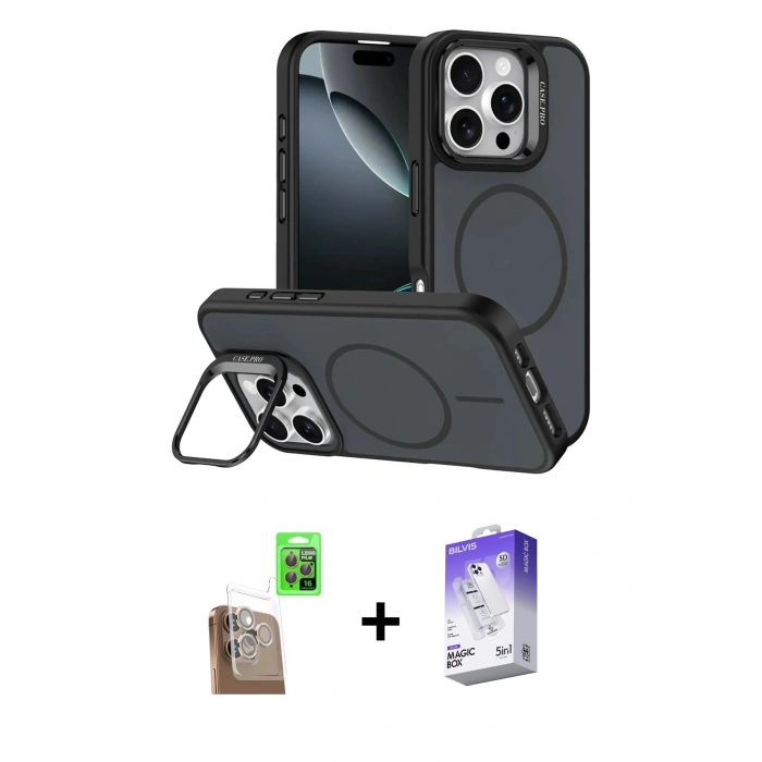 MARSİLYAN™- iPhone 16 Pro Max Kılıf Çekirdek Klasik - Siyah Bilvis 5in1 3D Magic Cam Ekran Koruyucu + Raze Metal Kamera Lens - CLTM