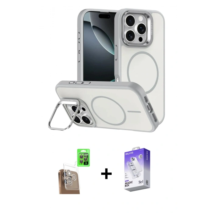 MARSİLYAN™- iPhone 16 Pro Max Kılıf Çekirdek Klasik - Siyah Bilvis 5in1 3D Magic Cam Ekran Koruyucu + Raze Metal Kamera Lens - CLTM