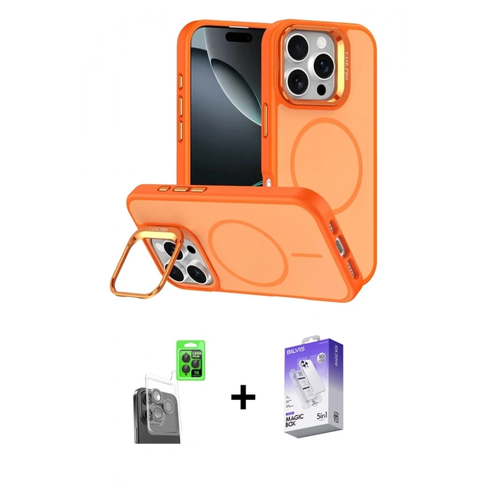 MARSİLYAN™- iPhone 16 Pro Max Kılıf Çekirdek Klasik - Siyah Bilvis 5in1 3D Magic Cam Ekran Koruyucu + Raze Metal Kamera Lens - SH
