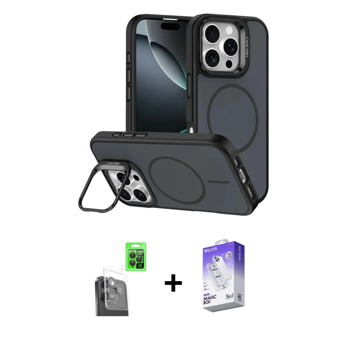 MARSİLYAN™- iPhone 16 Pro Max Kılıf Çekirdek Klasik - Siyah Bilvis 5in1 3D Magic Cam Ekran Koruyucu + Raze Metal Kamera Lens - SH