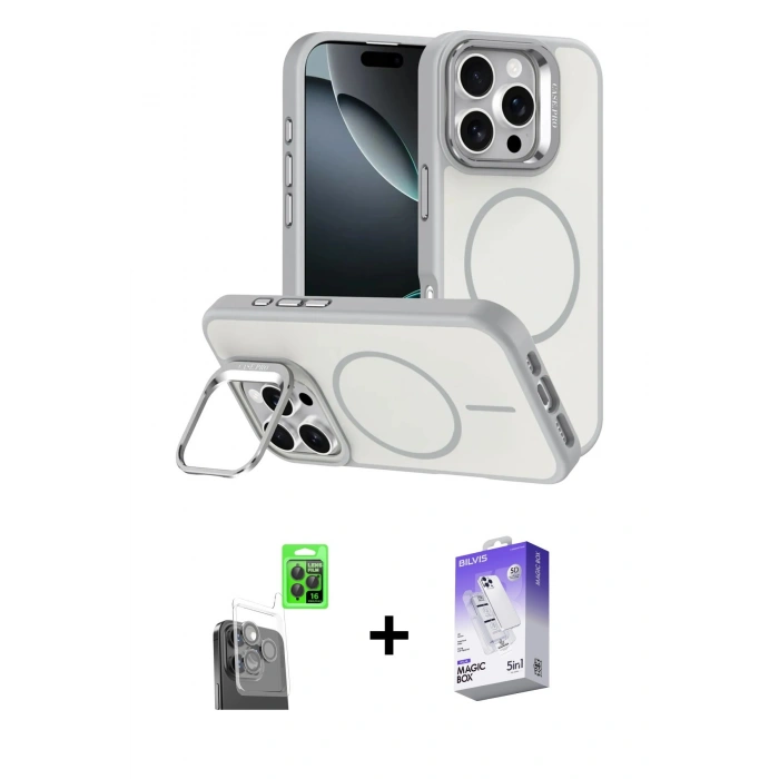 MARSİLYAN™- iPhone 16 Pro Max Kılıf Çekirdek Klasik - Siyah Bilvis 5in1 3D Magic Cam Ekran Koruyucu + Raze Metal Kamera Lens - SH