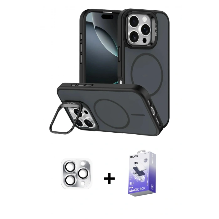 MARSİLYAN™- iPhone 16 Pro Max Kılıf Çekirdek Klasik - Siyah Bilvis 5in1 5D Magic Hayalet Cam Ekran Koruyucu + Pers Alüminyum Kamera Lens - GS
