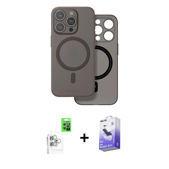 MARSİLYAN™- iPhone 16 Pro Max Kılıf Çekirdek Klasik - Siyah Bilvis 5in1 5D Magic Hayalet Cam Ekran Koruyucu + Raze Metal Kamera Lens - BZ