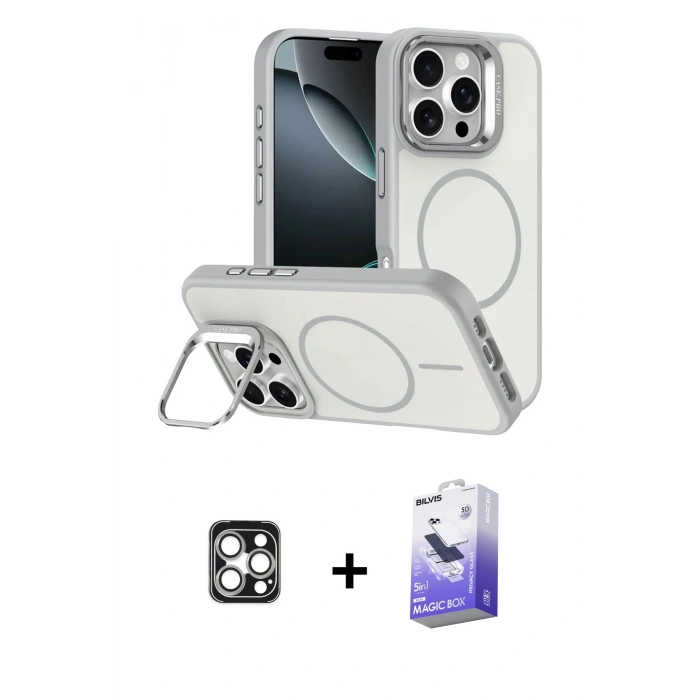 MARSİLYAN™- iPhone 16 Pro Max Kılıf Çekirdek Klasik - Siyah Bilvis 5in1 5D Magic Hayalet Cam Ekran Koruyucu + PVD Metal Kamera Lens - GS