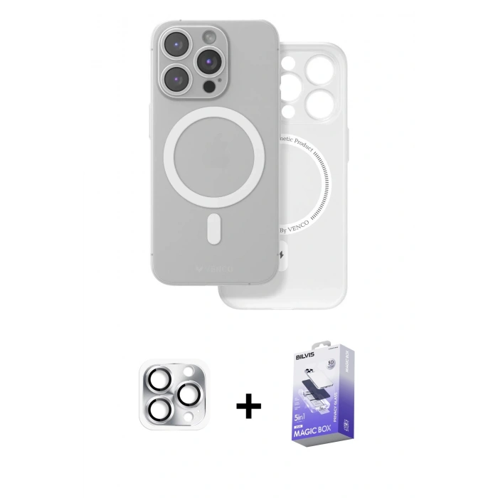 MARSİLYAN™- iPhone 16 Pro Max Kılıf Çekirdek Klasik - Siyah Bilvis 5in1 5D Magic Hayalet Cam Ekran Koruyucu + Pers Alüminyum Kamera Lens - GS