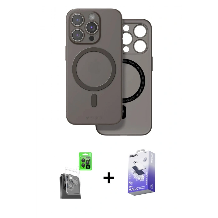MARSİLYAN™- iPhone 16 Pro Max Kılıf Çekirdek Klasik - Siyah Bilvis 5in1 5D Magic Hayalet Cam Ekran Koruyucu + Raze Metal Kamera Lens - SH