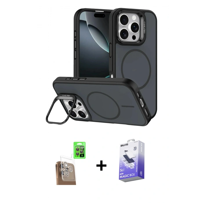 MARSİLYAN™- iPhone 16 Pro Max Kılıf Çekirdek Klasik - Siyah Bilvis 5in1 5D Magic Hayalet Cam Ekran Koruyucu + Raze Metal Kamera Lens - CLTM