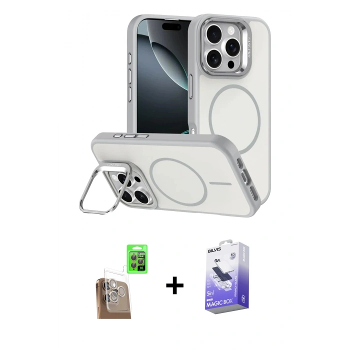 MARSİLYAN™- iPhone 16 Pro Max Kılıf Çekirdek Klasik - Siyah Bilvis 5in1 5D Magic Hayalet Cam Ekran Koruyucu + Raze Metal Kamera Lens - CLTM